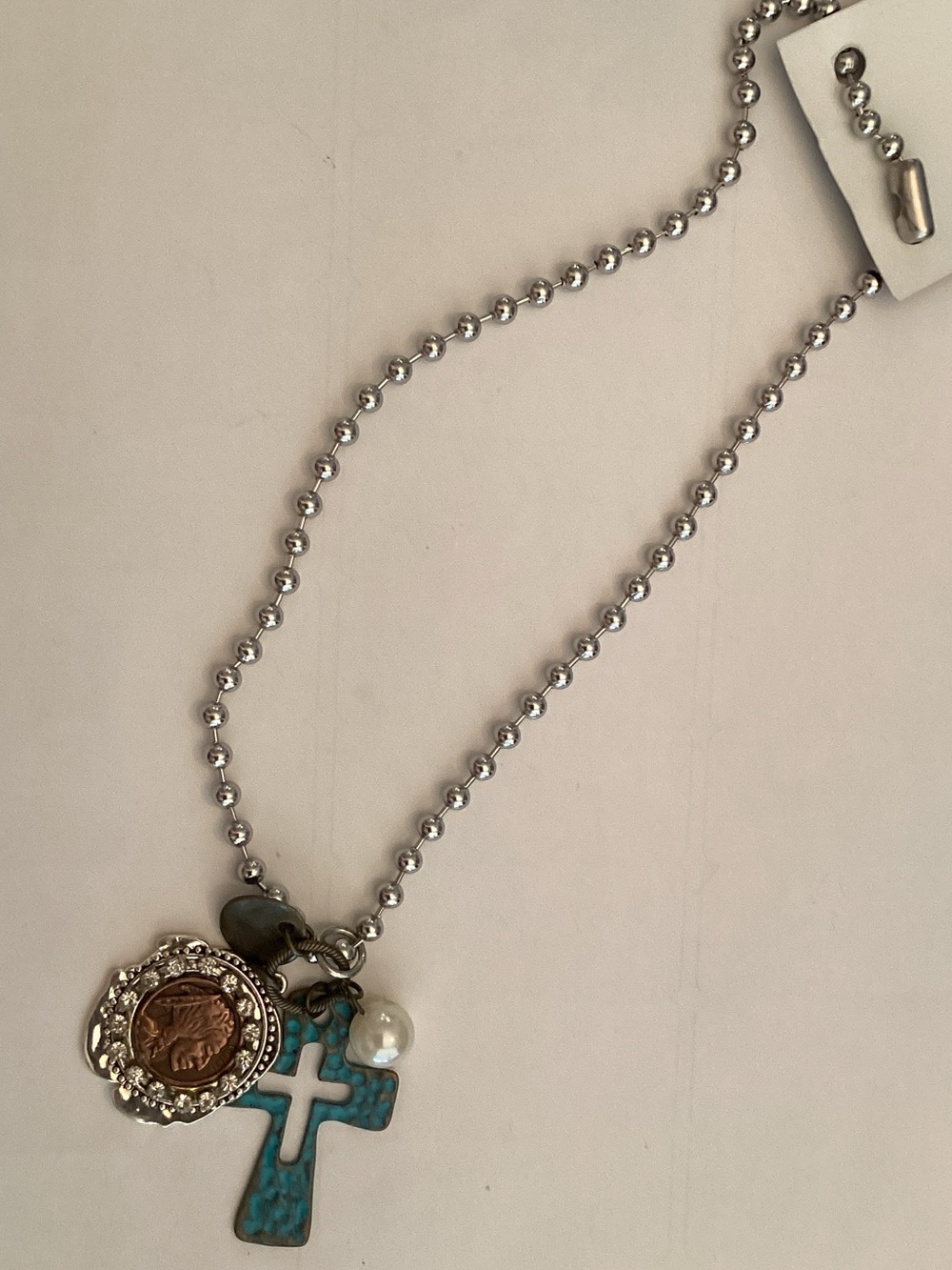 Turquoise Cross Charm Necklace with Coin and Pearl